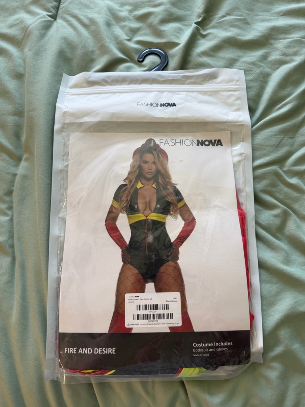Fashion Nova "Fire and Desire" Black, Red & Yellow Costume Bodysuit with Gloves